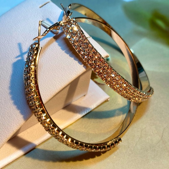 Gold Plated Rhinestone Hoop Earrings - Picture 3 of 4